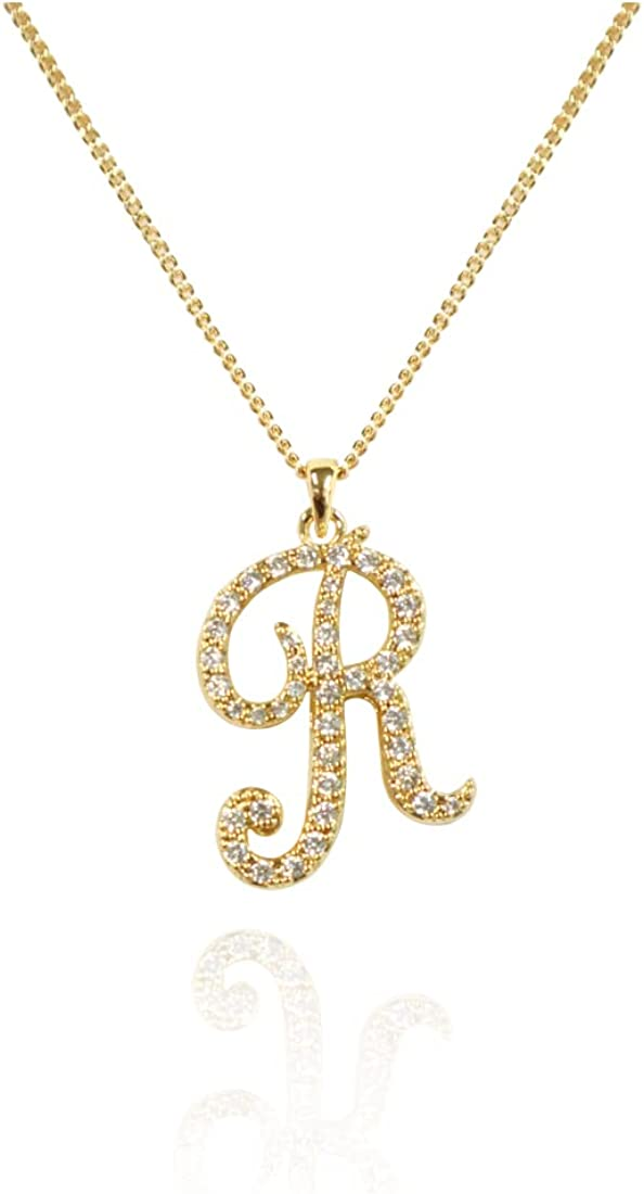 0.0.0 STUDIO Delicate Initial Necklace for Women,Girls,Gift 14K Gold Plated Cubic Zirconia Pendant Letter-R
