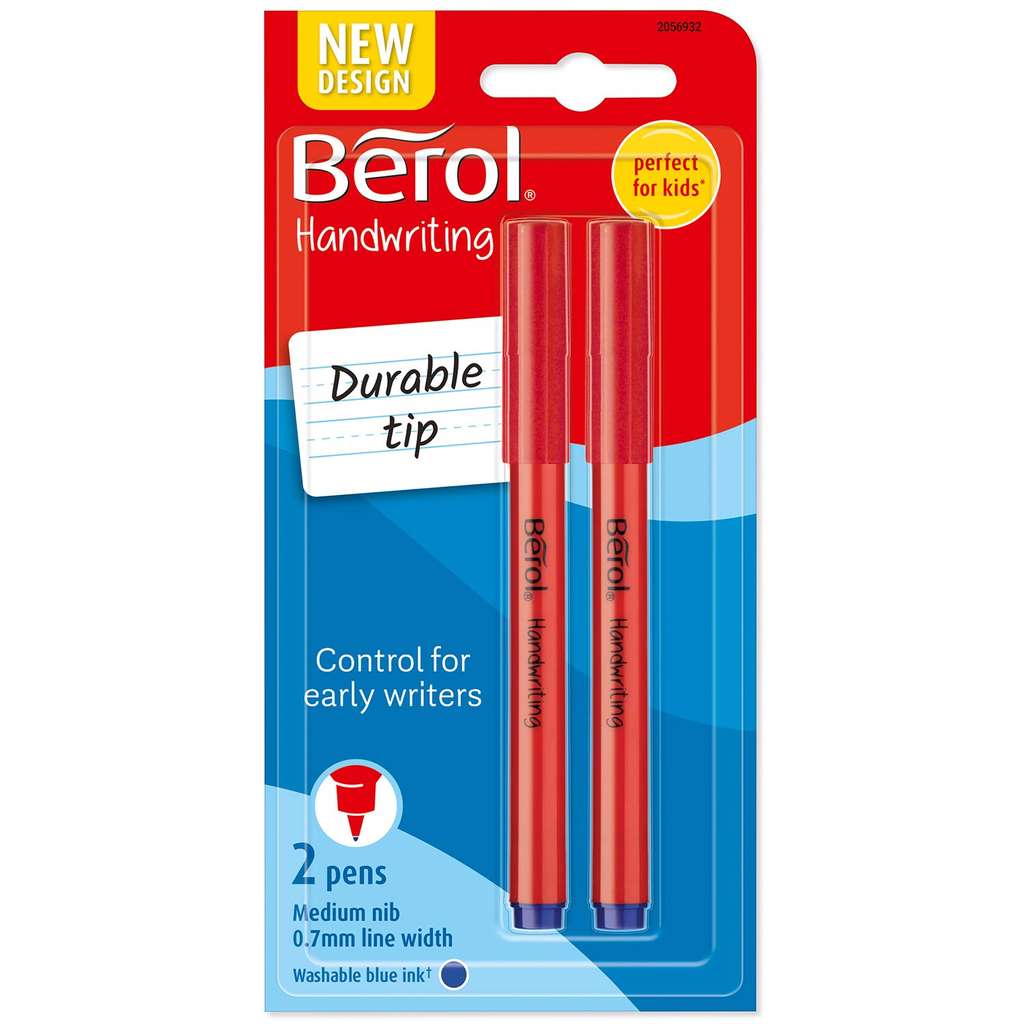 Berol Handwriting Pens | Round Shape is Easy to Hold | Washable Blue Ink | Bright Barrels | 2 Count - (£1.28 - £1.43 with s&s)