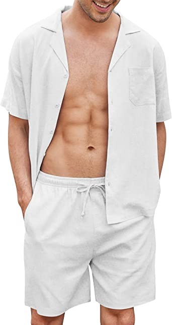 COOFANDY Men's Linen Shirt Short Sleeve Button Shirt Beach Hawaii 2 Piece Shorts Set