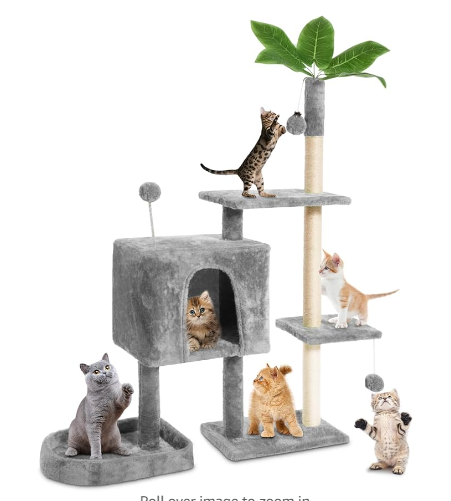 TSCOMON 52" Cat Tree Cat Tower for Indoor Cats with Green Leaves, Multi-Level Cozy Plush Cat Condo Cat House Cat Scratching Posts for Indoor Cats with Hang Ball, Home Plant Style Pet House, Grey